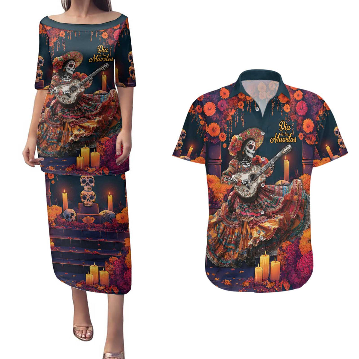 Mexican La Catrina Skeletons Dancing Couples Matching Puletasi and Hawaiian Shirt Dia de Los Muertos Verion 1 LT9 - Wonder Print Shop