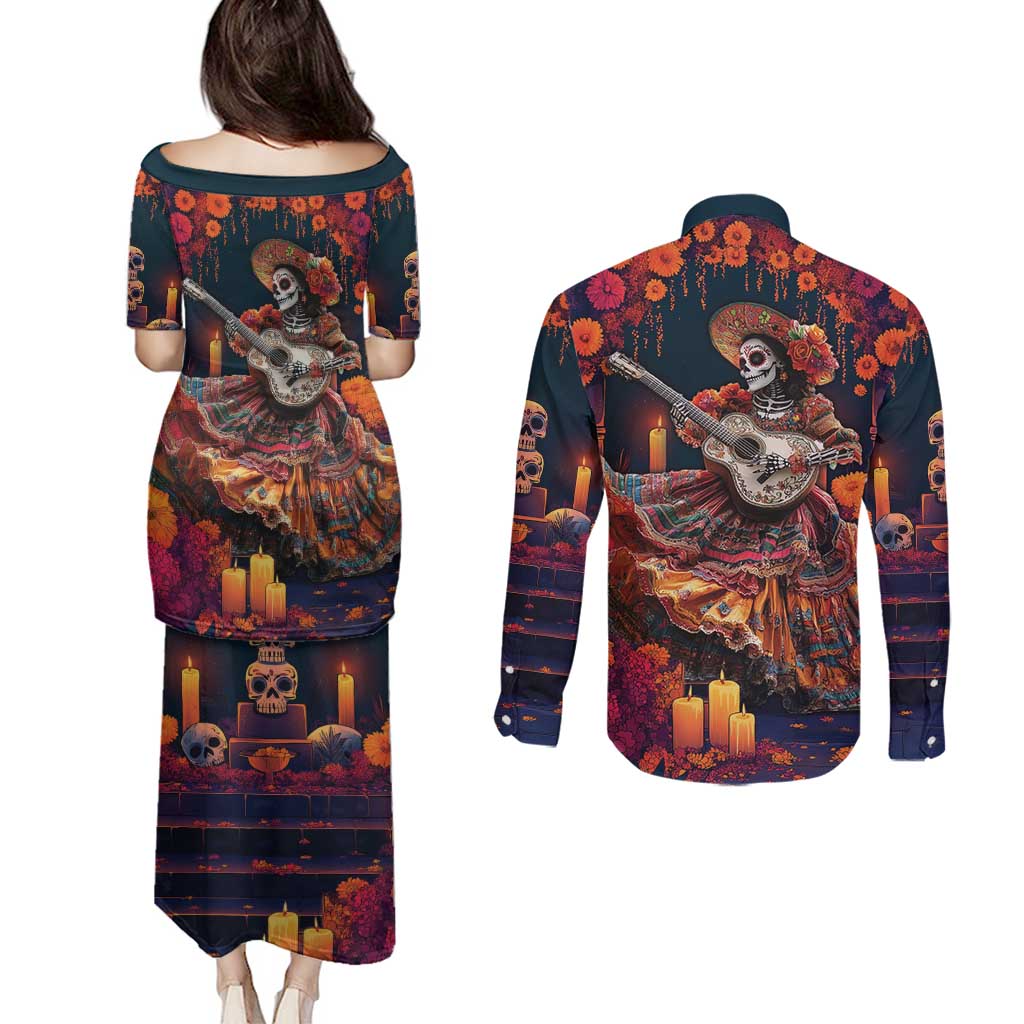 Mexican La Catrina Skeletons Dancing Couples Matching Puletasi and Long Sleeve Button Shirt Dia de Los Muertos Verion 1 LT9 - Wonder Print Shop