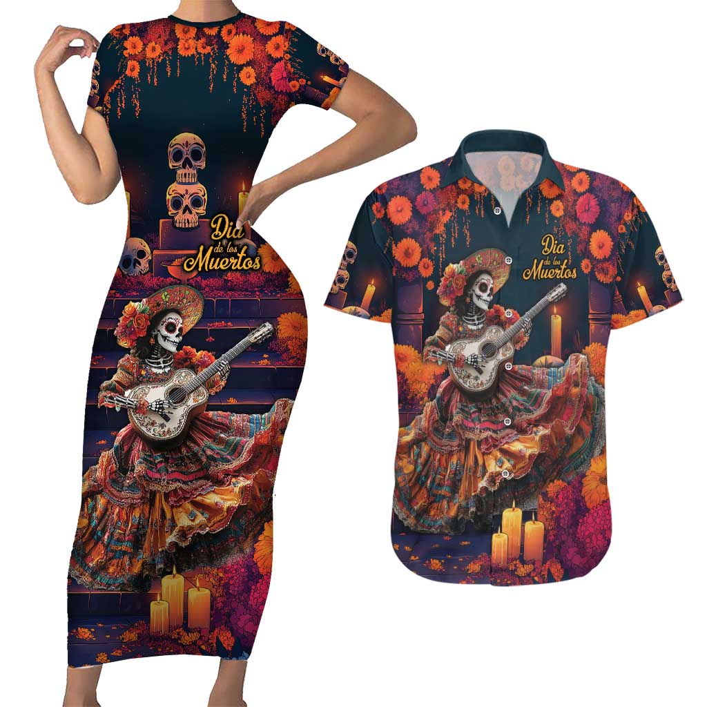 Mexican La Catrina Skeletons Dancing Couples Matching Short Sleeve Bodycon Dress and Hawaiian Shirt Dia de Los Muertos Verion 1 LT9 - Wonder Print Shop