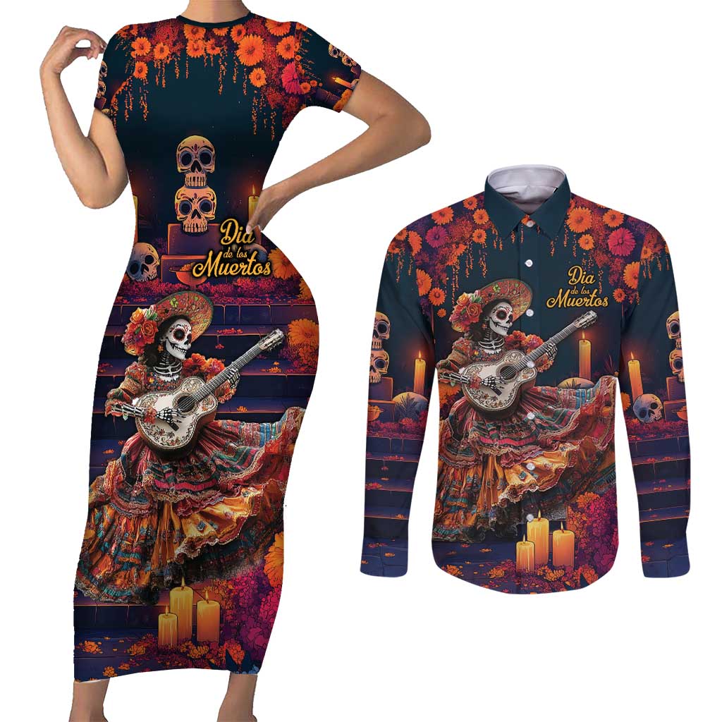 Mexican La Catrina Skeletons Dancing Couples Matching Short Sleeve Bodycon Dress and Long Sleeve Button Shirt Dia de Los Muertos Verion 1 LT9 - Wonder Print Shop