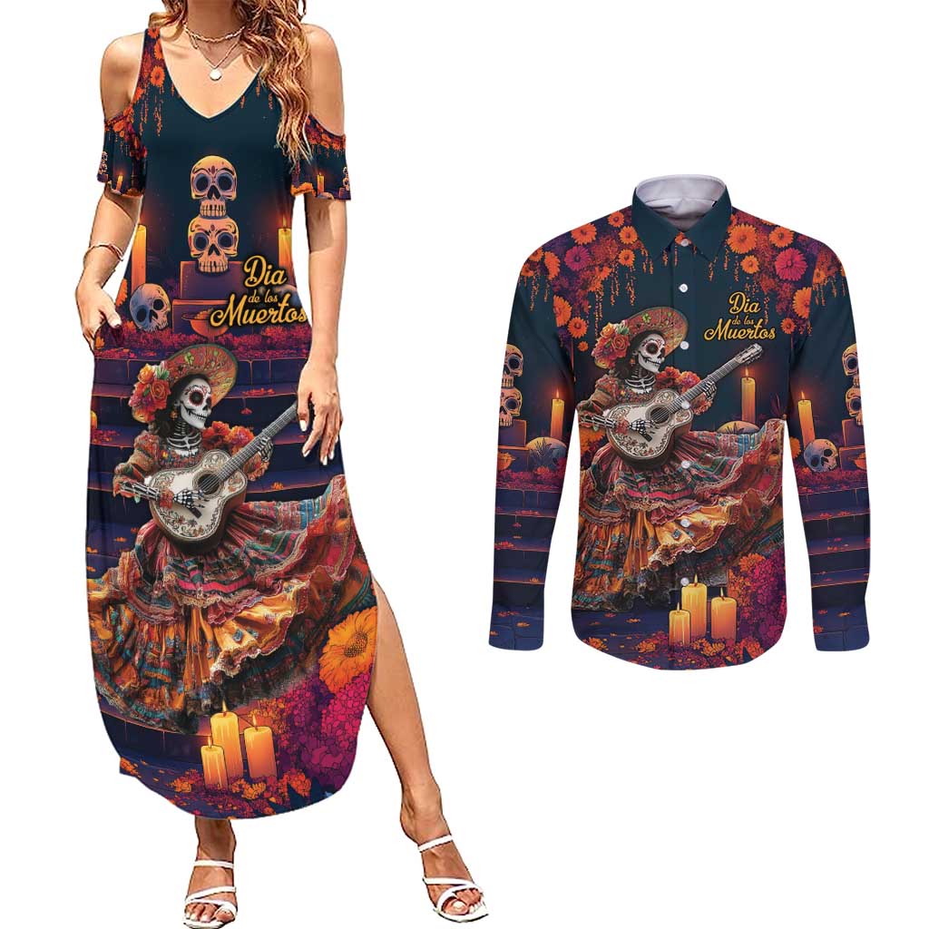 Mexican La Catrina Skeletons Dancing Couples Matching Summer Maxi Dress and Long Sleeve Button Shirt Dia de Los Muertos Verion 1 LT9 - Wonder Print Shop