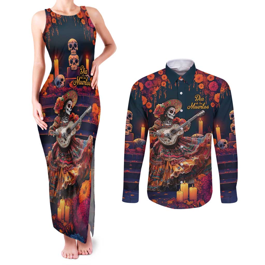 Mexican La Catrina Skeletons Dancing Couples Matching Tank Maxi Dress and Long Sleeve Button Shirt Dia de Los Muertos Verion 1 LT9 - Wonder Print Shop
