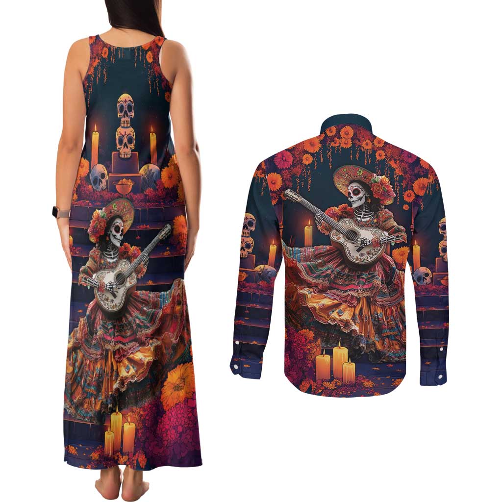Mexican La Catrina Skeletons Dancing Couples Matching Tank Maxi Dress and Long Sleeve Button Shirt Dia de Los Muertos Verion 1 LT9 - Wonder Print Shop