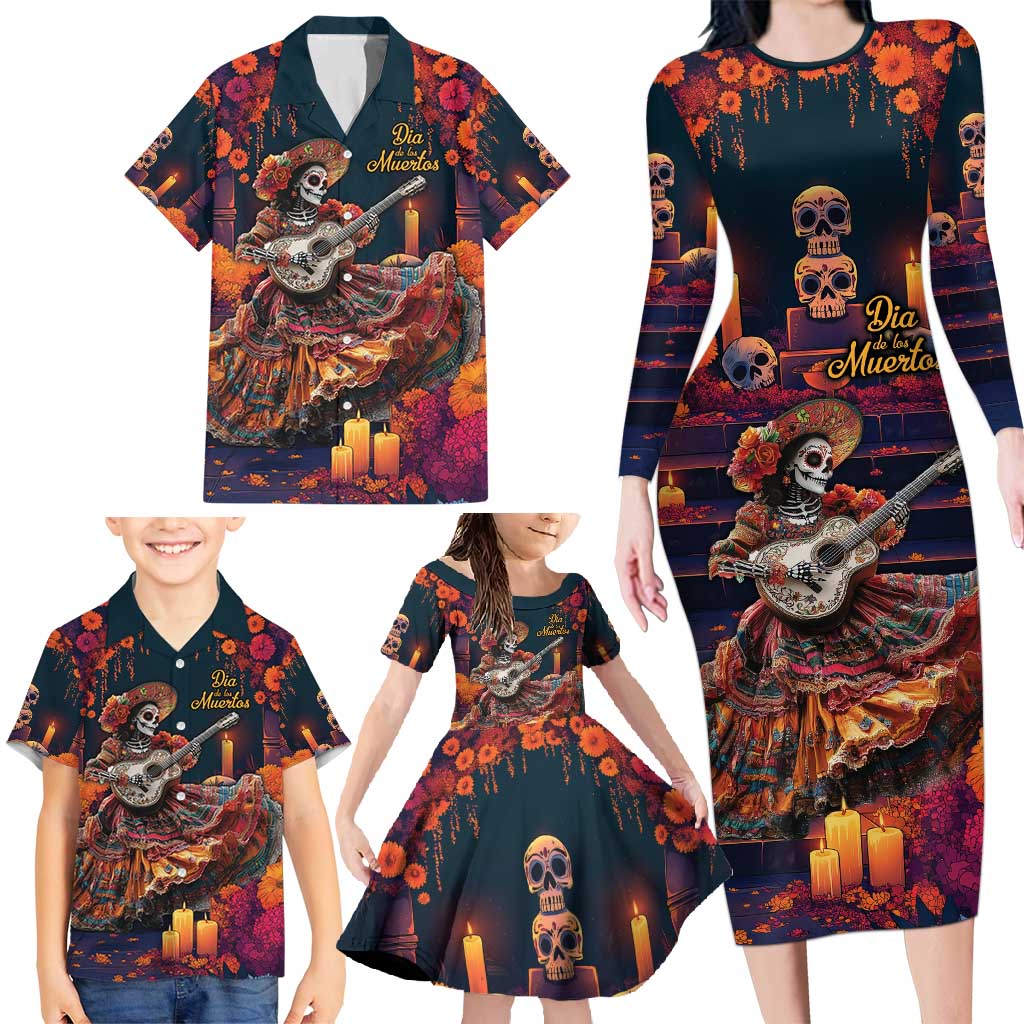 Mexican La Catrina Skeletons Dancing Family Matching Long Sleeve Bodycon Dress and Hawaiian Shirt Dia de Los Muertos Verion 1 LT9 - Wonder Print Shop