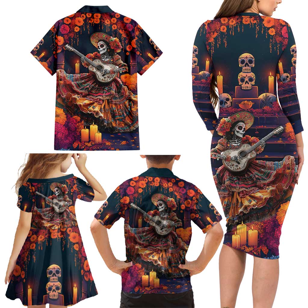 Mexican La Catrina Skeletons Dancing Family Matching Long Sleeve Bodycon Dress and Hawaiian Shirt Dia de Los Muertos Verion 1 LT9 - Wonder Print Shop