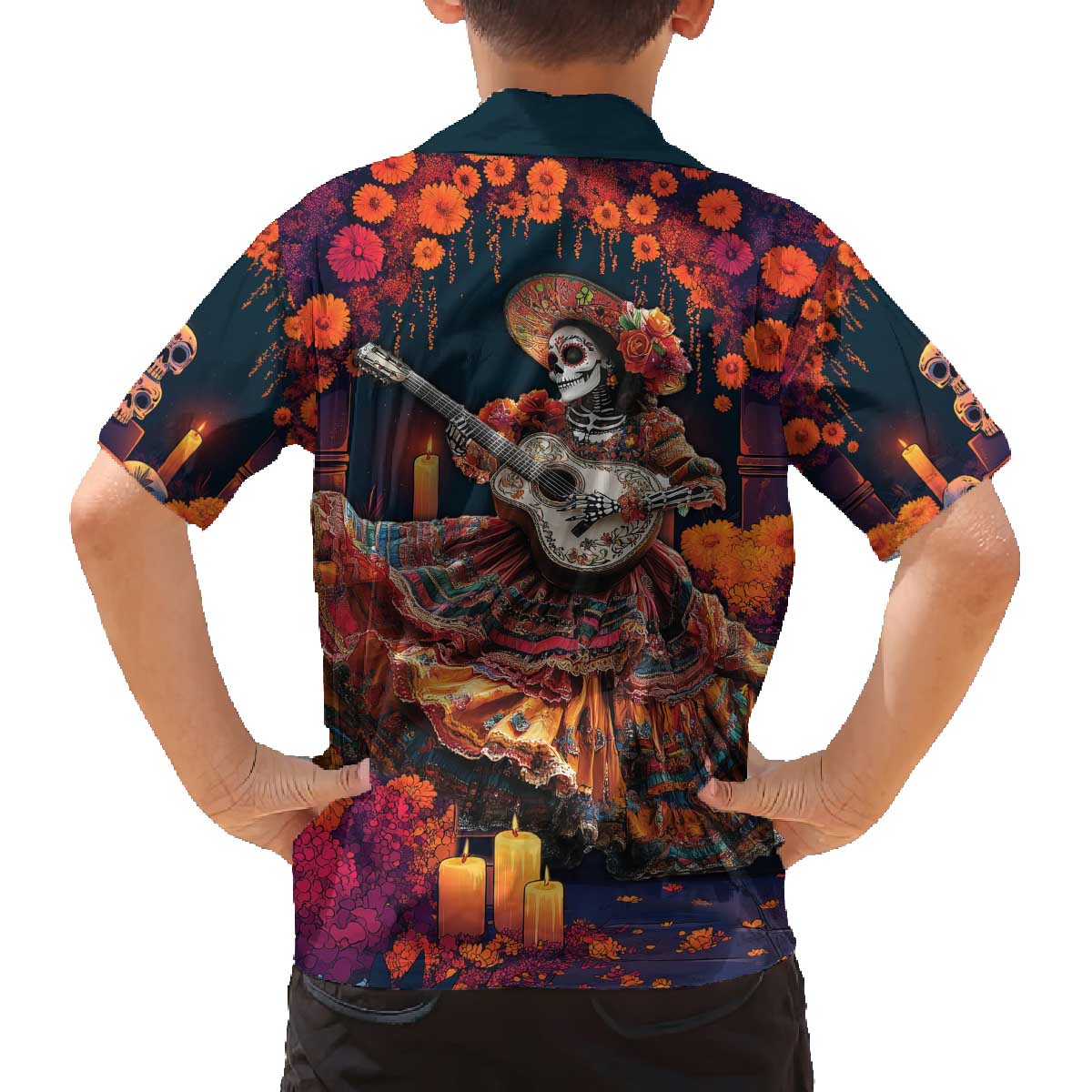 Mexican La Catrina Skeletons Dancing Family Matching Off The Shoulder Long Sleeve Dress and Hawaiian Shirt Dia de Los Muertos Verion 1 - Wonder Print Shop