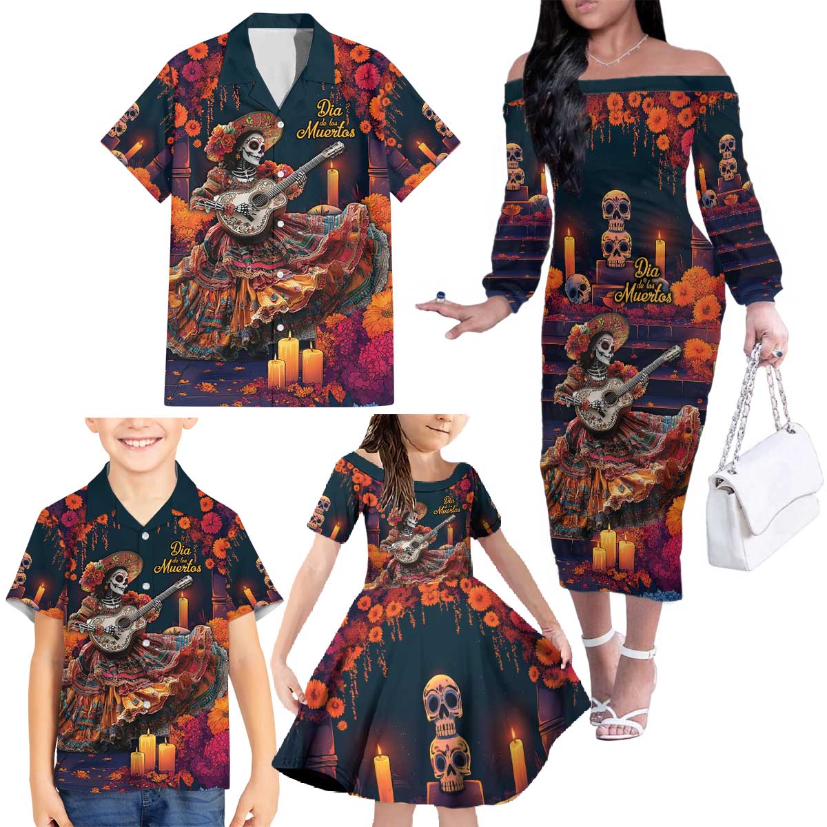 Mexican La Catrina Skeletons Dancing Family Matching Off The Shoulder Long Sleeve Dress and Hawaiian Shirt Dia de Los Muertos Verion 1 - Wonder Print Shop