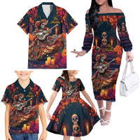 Mexican La Catrina Skeletons Dancing Family Matching Off The Shoulder Long Sleeve Dress and Hawaiian Shirt Dia de Los Muertos Verion 1 - Wonder Print Shop