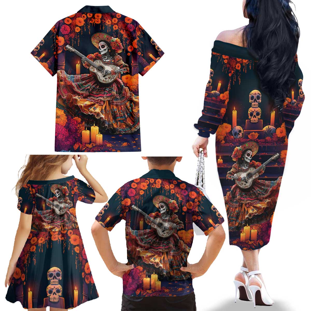 Mexican La Catrina Skeletons Dancing Family Matching Off The Shoulder Long Sleeve Dress and Hawaiian Shirt Dia de Los Muertos Verion 1 - Wonder Print Shop