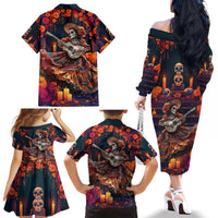 Mexican La Catrina Skeletons Dancing Family Matching Off The Shoulder Long Sleeve Dress and Hawaiian Shirt Dia de Los Muertos Verion 1 - Wonder Print Shop