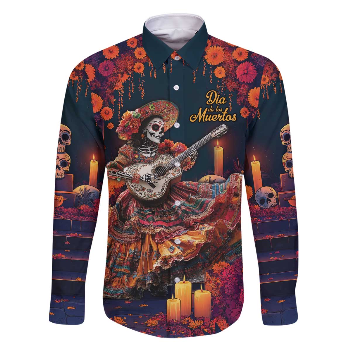 Mexican La Catrina Skeletons Dancing Family Matching Off The Shoulder Long Sleeve Dress and Hawaiian Shirt Dia de Los Muertos Verion 1 - Wonder Print Shop