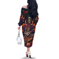 Mexican La Catrina Skeletons Dancing Family Matching Off The Shoulder Long Sleeve Dress and Hawaiian Shirt Dia de Los Muertos Verion 1 - Wonder Print Shop