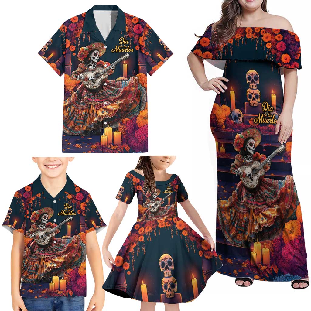Mexican La Catrina Skeletons Dancing Family Matching Off Shoulder Maxi Dress and Hawaiian Shirt Dia de Los Muertos Verion 1 LT9 - Wonder Print Shop