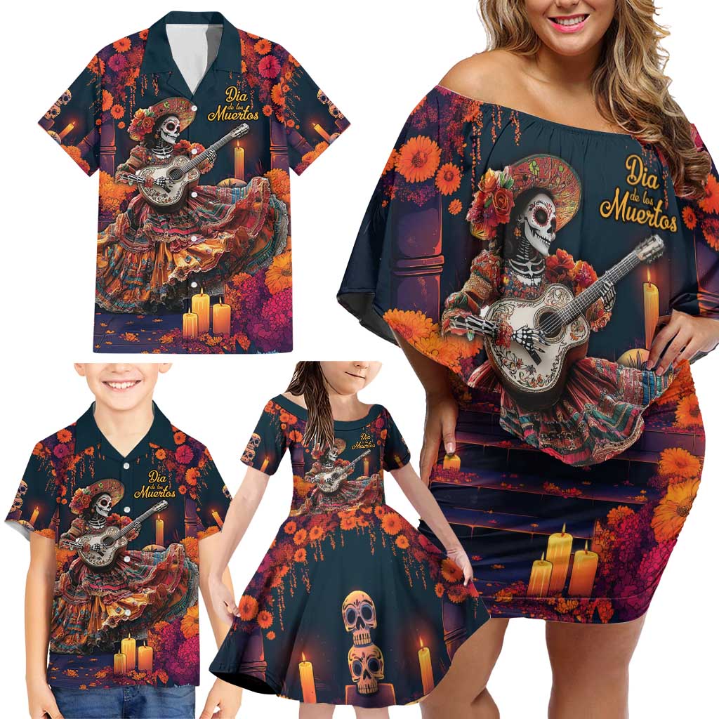 Mexican La Catrina Skeletons Dancing Family Matching Off Shoulder Short Dress and Hawaiian Shirt Dia de Los Muertos Verion 1 LT9 - Wonder Print Shop