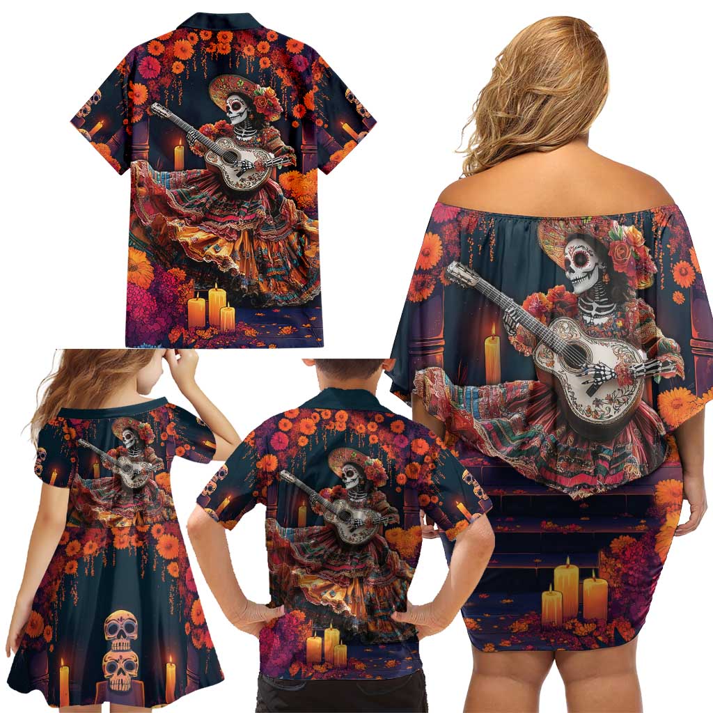 Mexican La Catrina Skeletons Dancing Family Matching Off Shoulder Short Dress and Hawaiian Shirt Dia de Los Muertos Verion 1 LT9 - Wonder Print Shop