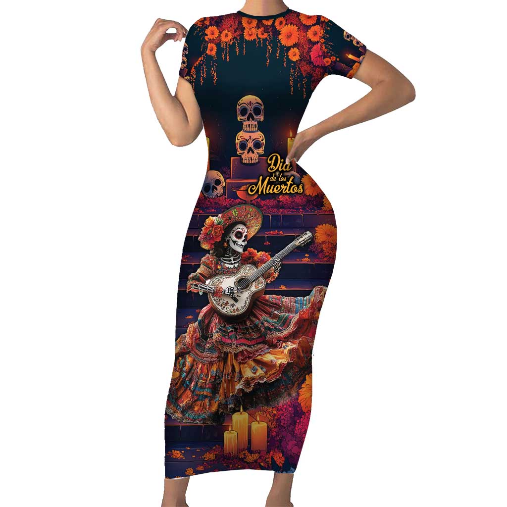 Mexican La Catrina Skeletons Dancing Family Matching Short Sleeve Bodycon Dress and Hawaiian Shirt Dia de Los Muertos Verion 1 - Wonder Print Shop