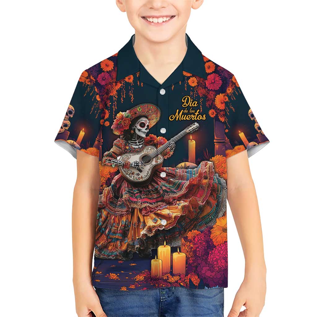 Mexican La Catrina Skeletons Dancing Family Matching Short Sleeve Bodycon Dress and Hawaiian Shirt Dia de Los Muertos Verion 1 - Wonder Print Shop