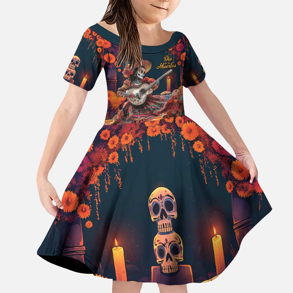 Mexican La Catrina Skeletons Dancing Kid Short Sleeve Dress Dia de Los Muertos Verion 1 - Wonder Print Shop