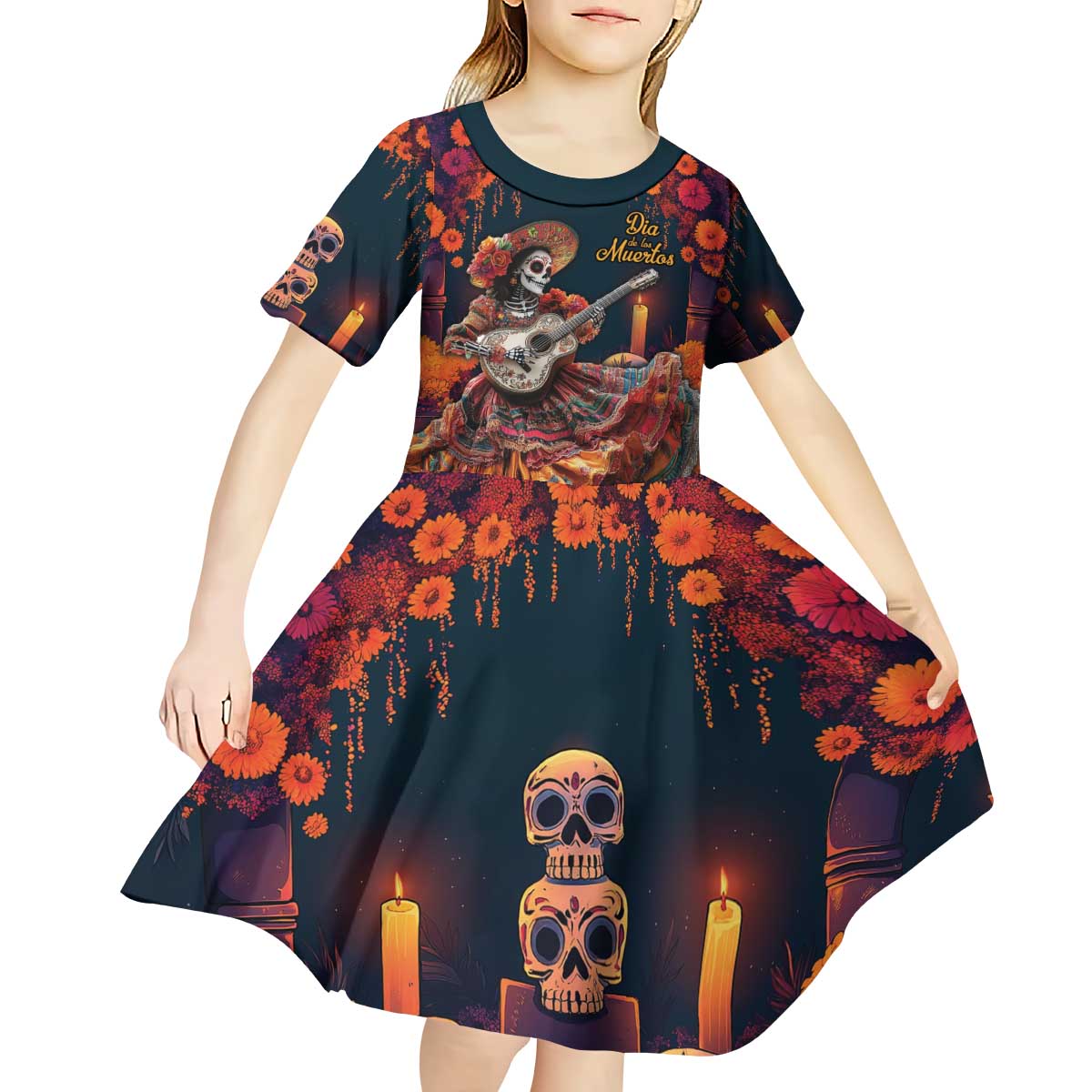 Mexican La Catrina Skeletons Dancing Kid Short Sleeve Dress Dia de Los Muertos Verion 1 - Wonder Print Shop