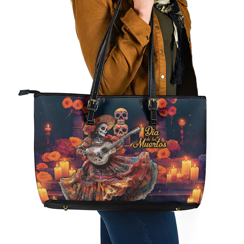 Mexican La Catrina Skeletons Dancing Leather Tote Bag Dia de Los Muertos Verion 1 - Wonder Print Shop