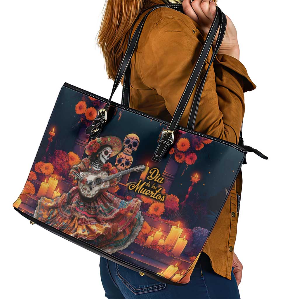 Mexican La Catrina Skeletons Dancing Leather Tote Bag Dia de Los Muertos Verion 1 - Wonder Print Shop