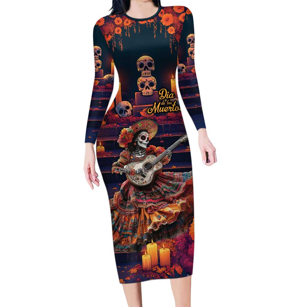 Mexican La Catrina Skeletons Dancing Long Sleeve Bodycon Dress Dia de Los Muertos Verion 1 - Wonder Print Shop