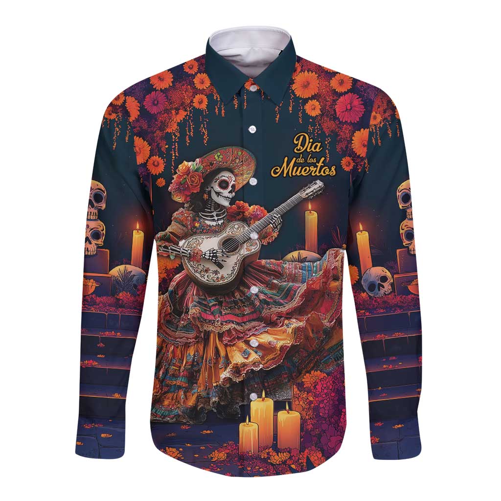 Mexican La Catrina Skeletons Dancing Long Sleeve Button Shirt Dia de Los Muertos Verion 1 - Wonder Print Shop