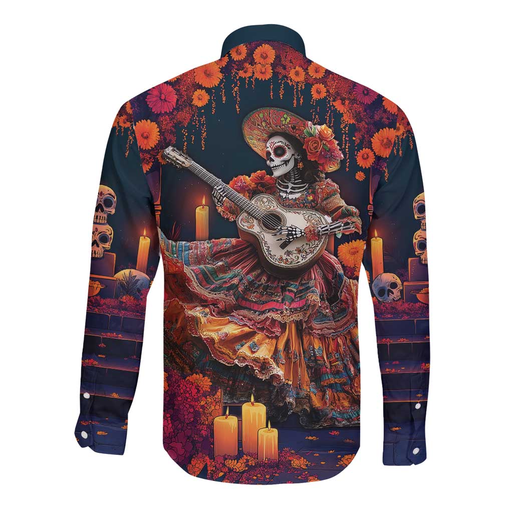 Mexican La Catrina Skeletons Dancing Long Sleeve Button Shirt Dia de Los Muertos Verion 1 - Wonder Print Shop