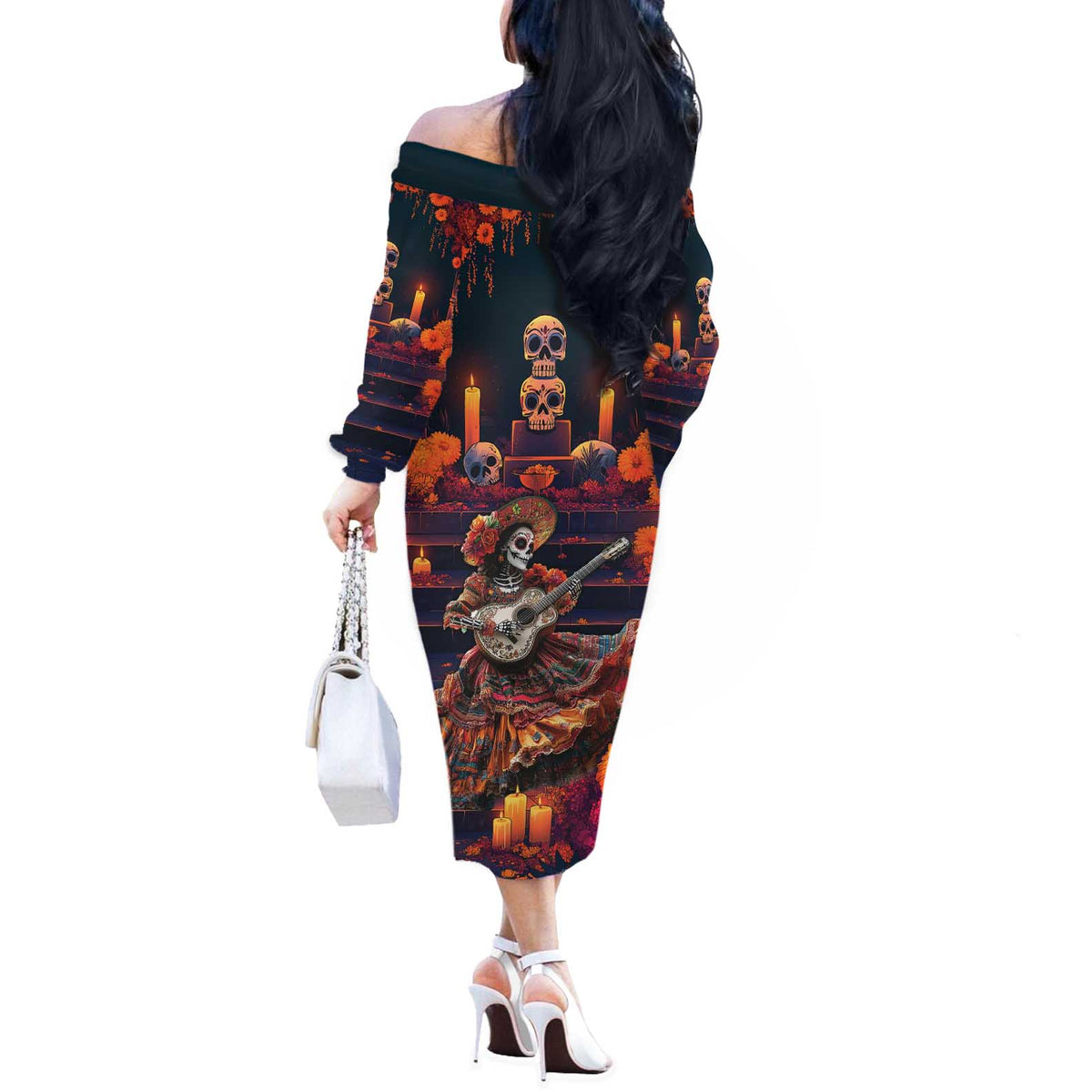 Mexican La Catrina Skeletons Dancing Off The Shoulder Long Sleeve Dress Dia de Los Muertos Verion 1 - Wonder Print Shop