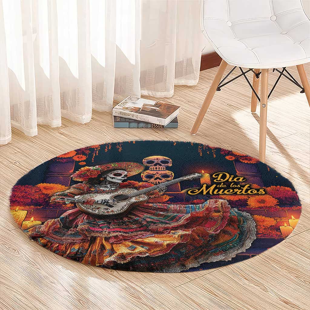 Mexican La Catrina Skeletons Dancing Round Carpet Dia de Los Muertos Verion 1