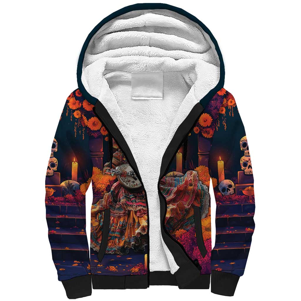 Mexican La Catrina Skeletons Dancing Sherpa Hoodie Dia de Los Muertos Verion 1 - Wonder Print Shop