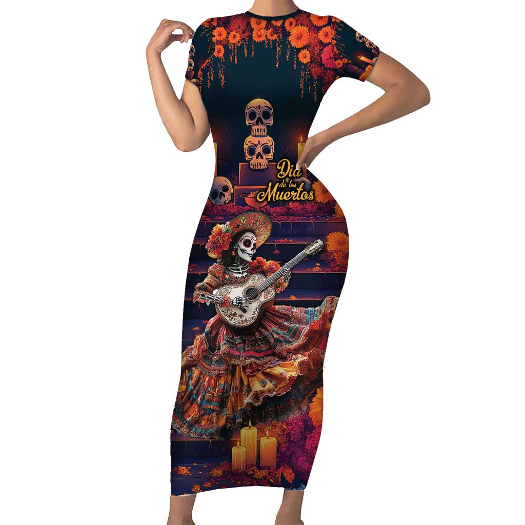 Mexican La Catrina Skeletons Dancing Short Sleeve Bodycon Dress Dia de Los Muertos Verion 1 - Wonder Print Shop