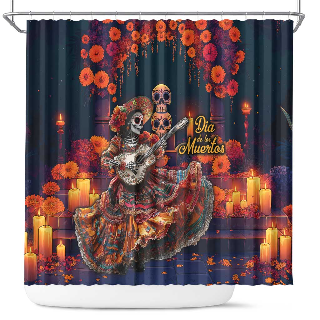 Mexican La Catrina Skeletons Dancing Shower Curtain Dia de Los Muertos Verion 1