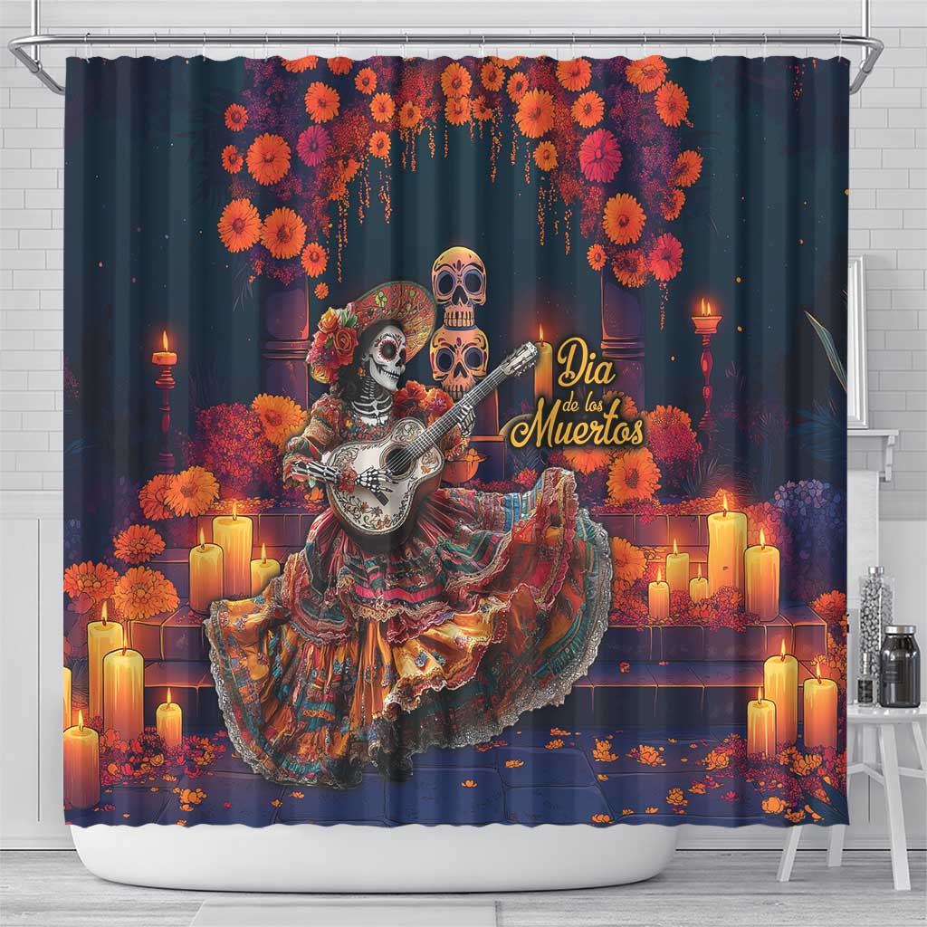 Mexican La Catrina Skeletons Dancing Shower Curtain Dia de Los Muertos Verion 1