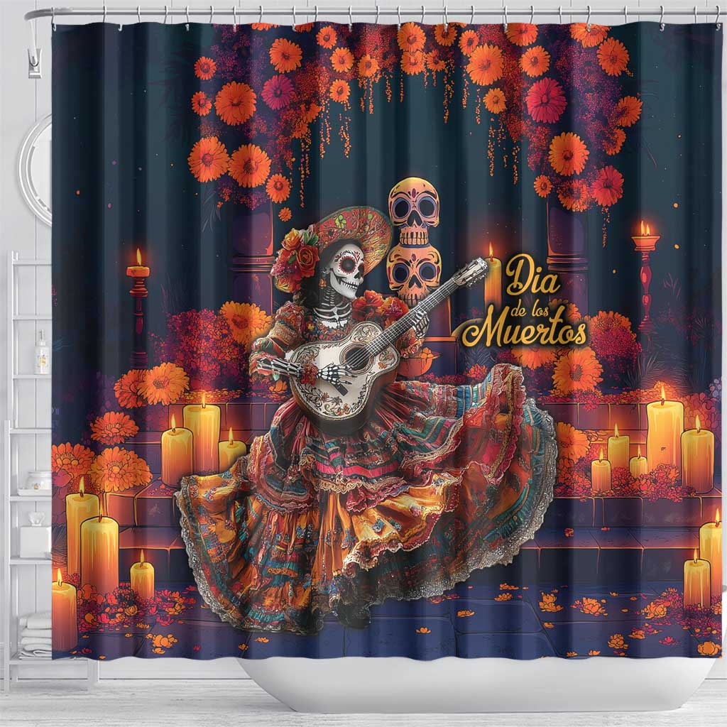 Mexican La Catrina Skeletons Dancing Shower Curtain Dia de Los Muertos Verion 1