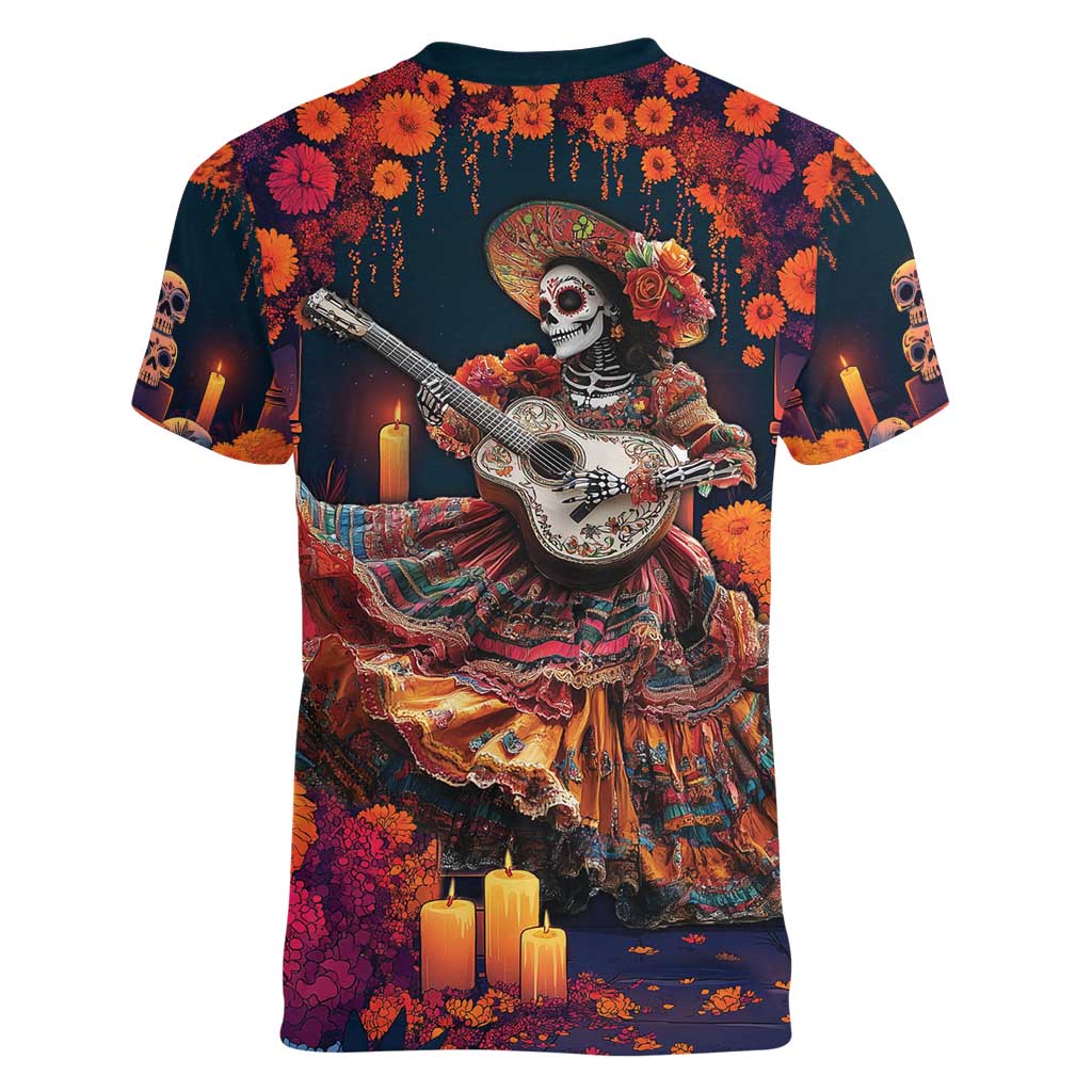 Mexican La Catrina Skeletons Dancing Women V-Neck T-Shirt Dia de Los Muertos Verion 1 - Wonder Print Shop