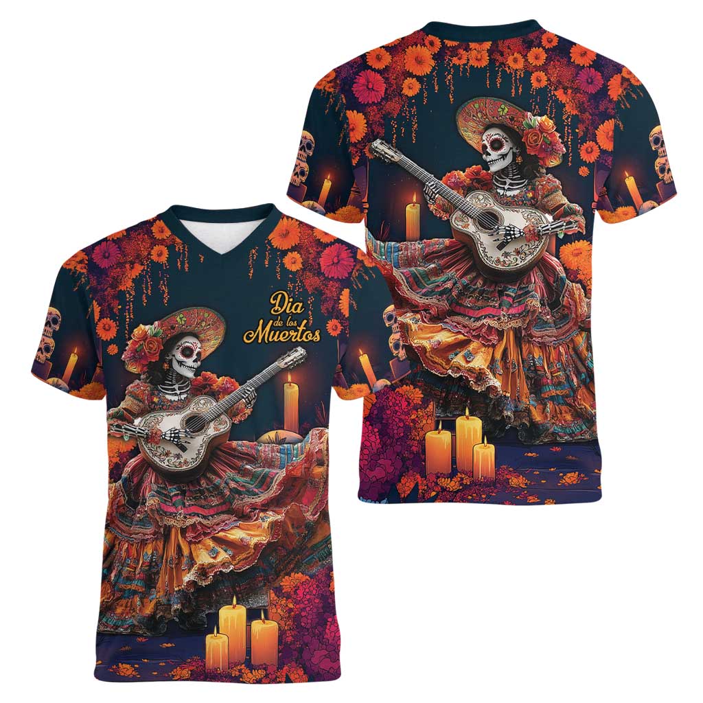 Mexican La Catrina Skeletons Dancing Women V-Neck T-Shirt Dia de Los Muertos Verion 1 - Wonder Print Shop