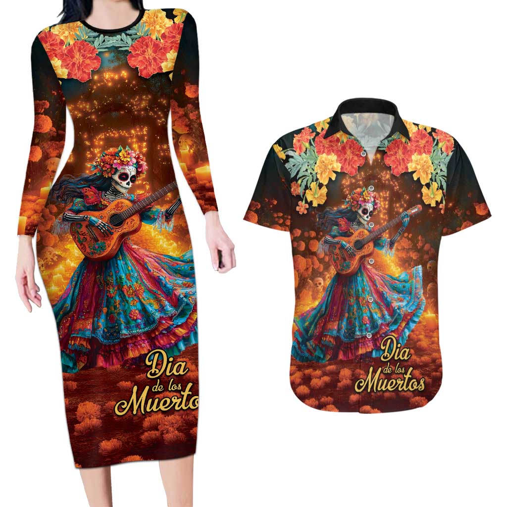 Mexican La Catrina Skeletons Dancing Couples Matching Long Sleeve Bodycon Dress and Hawaiian Shirt Dia de Los Muertos Verion 2 LT9 - Wonder Print Shop
