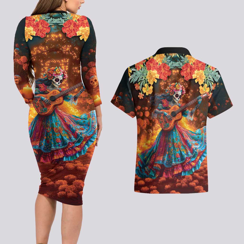 Mexican La Catrina Skeletons Dancing Couples Matching Long Sleeve Bodycon Dress and Hawaiian Shirt Dia de Los Muertos Verion 2 LT9 - Wonder Print Shop