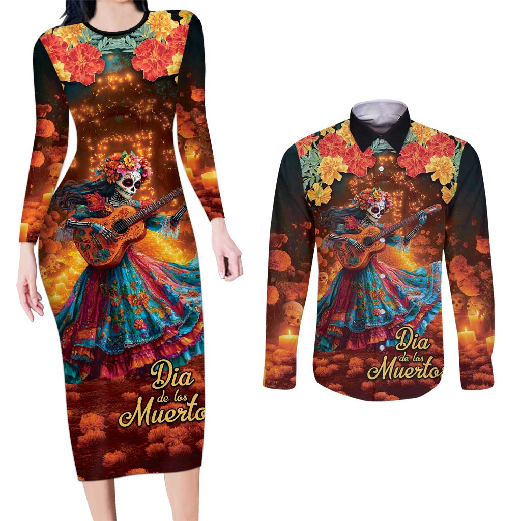 Mexican La Catrina Skeletons Dancing Couples Matching Long Sleeve Bodycon Dress and Long Sleeve Button Shirt Dia de Los Muertos Verion 2 LT9 - Wonder Print Shop