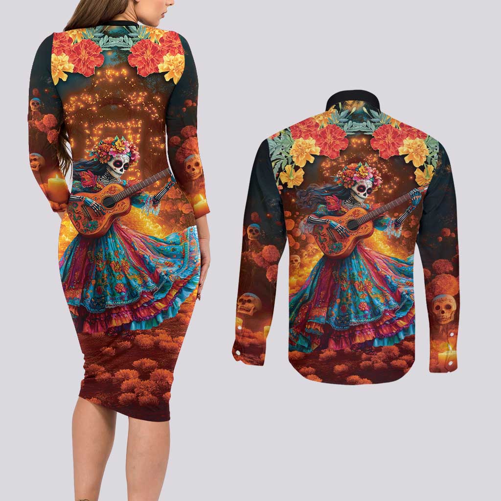 Mexican La Catrina Skeletons Dancing Couples Matching Long Sleeve Bodycon Dress and Long Sleeve Button Shirt Dia de Los Muertos Verion 2 LT9 - Wonder Print Shop