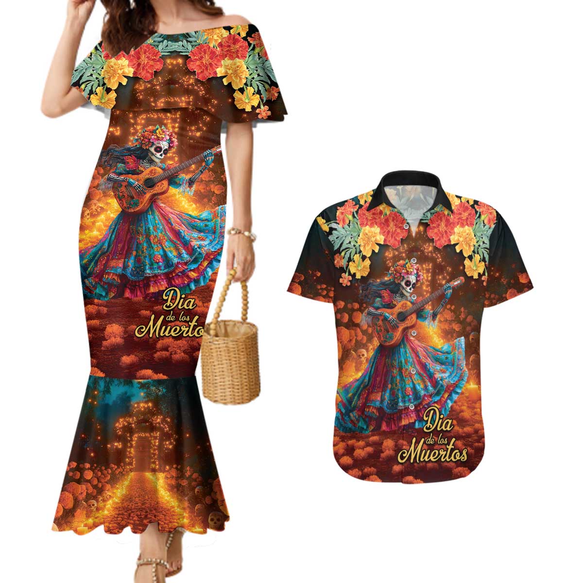 Mexican La Catrina Skeletons Dancing Couples Matching Mermaid Dress and Hawaiian Shirt Dia de Los Muertos Verion 2 LT9 - Wonder Print Shop