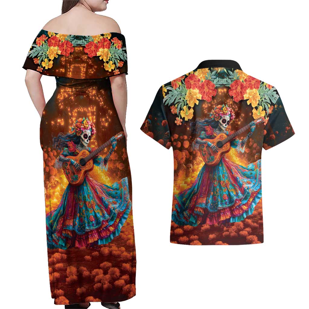 Mexican La Catrina Skeletons Dancing Couples Matching Off Shoulder Maxi Dress and Hawaiian Shirt Dia de Los Muertos Verion 2 LT9 - Wonder Print Shop