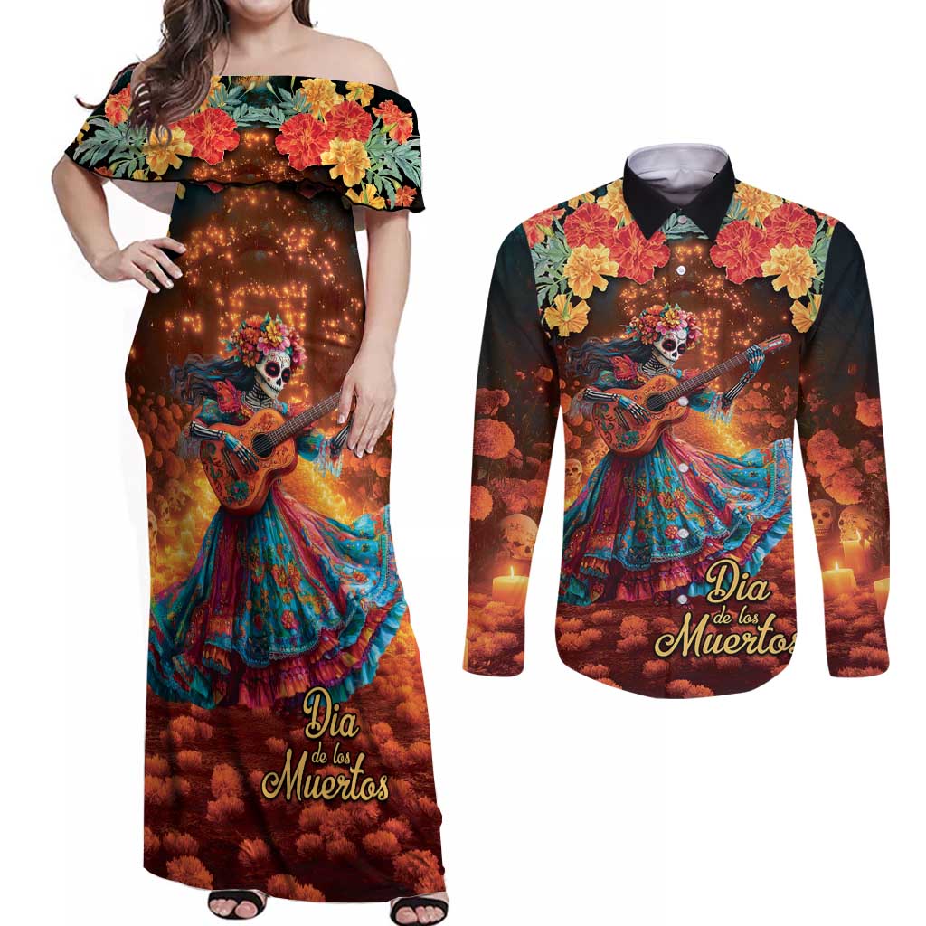Mexican La Catrina Skeletons Dancing Couples Matching Off Shoulder Maxi Dress and Long Sleeve Button Shirt Dia de Los Muertos Verion 2 LT9 - Wonder Print Shop