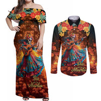 Mexican La Catrina Skeletons Dancing Couples Matching Off Shoulder Maxi Dress and Long Sleeve Button Shirt Dia de Los Muertos Verion 2 LT9 - Wonder Print Shop