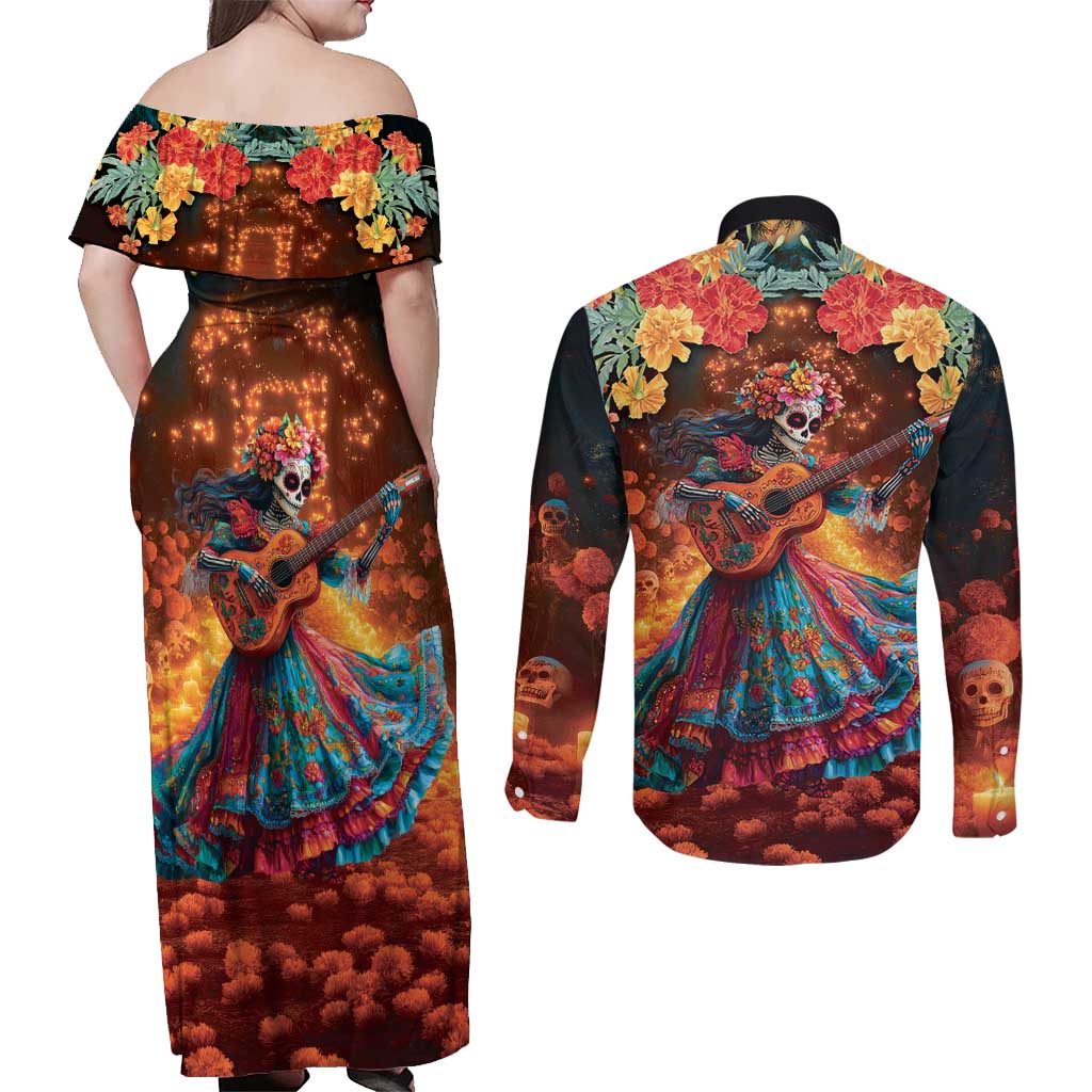 Mexican La Catrina Skeletons Dancing Couples Matching Off Shoulder Maxi Dress and Long Sleeve Button Shirt Dia de Los Muertos Verion 2 LT9 - Wonder Print Shop