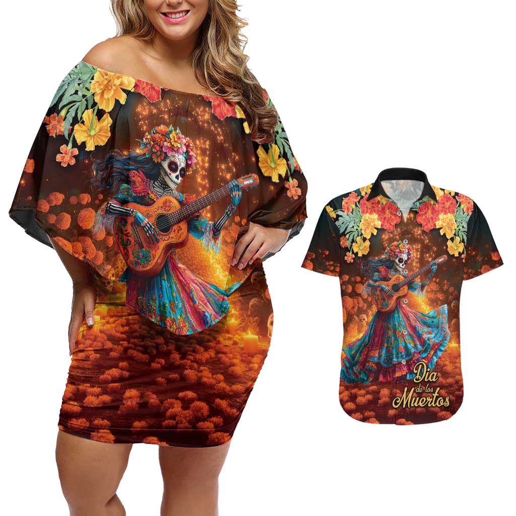 Mexican La Catrina Skeletons Dancing Couples Matching Off Shoulder Short Dress and Hawaiian Shirt Dia de Los Muertos Verion 2 LT9 - Wonder Print Shop