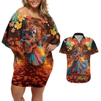 Mexican La Catrina Skeletons Dancing Couples Matching Off Shoulder Short Dress and Hawaiian Shirt Dia de Los Muertos Verion 2 LT9 - Wonder Print Shop