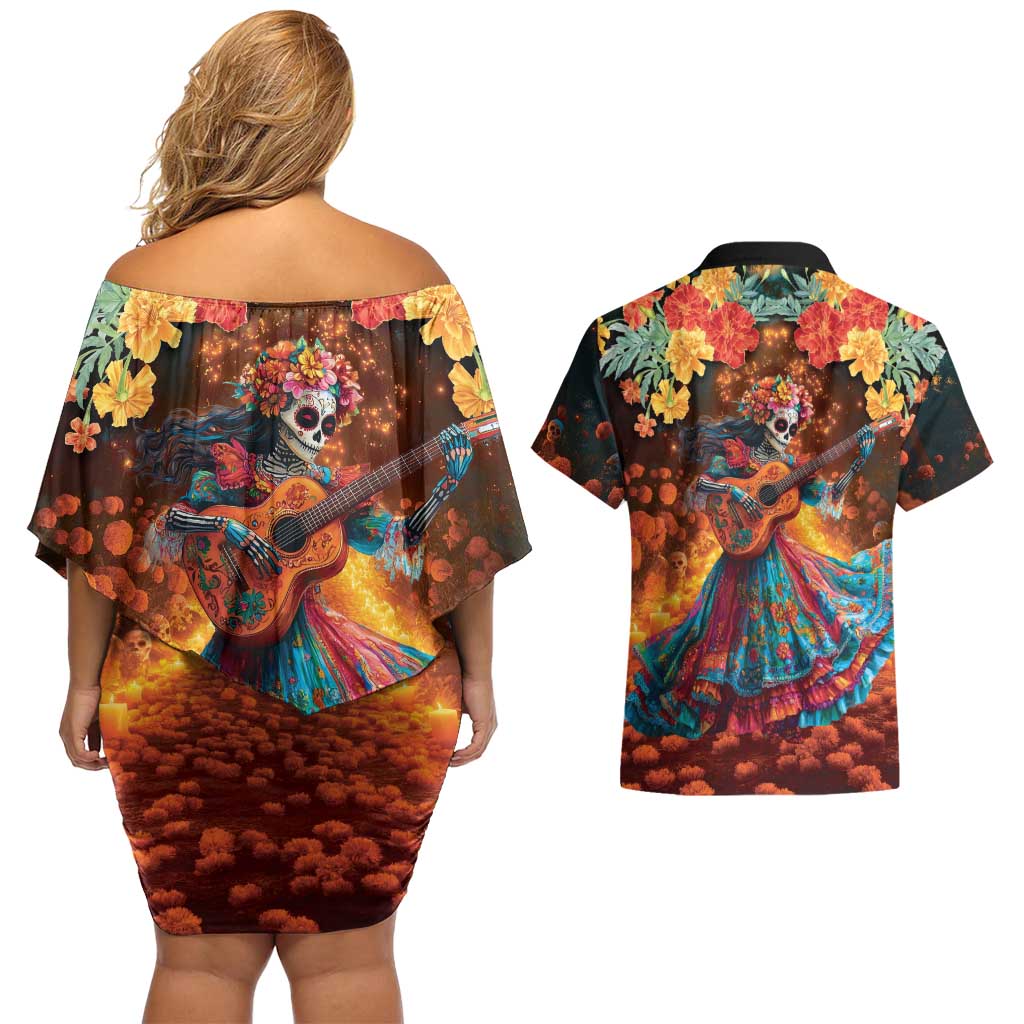 Mexican La Catrina Skeletons Dancing Couples Matching Off Shoulder Short Dress and Hawaiian Shirt Dia de Los Muertos Verion 2 LT9 - Wonder Print Shop