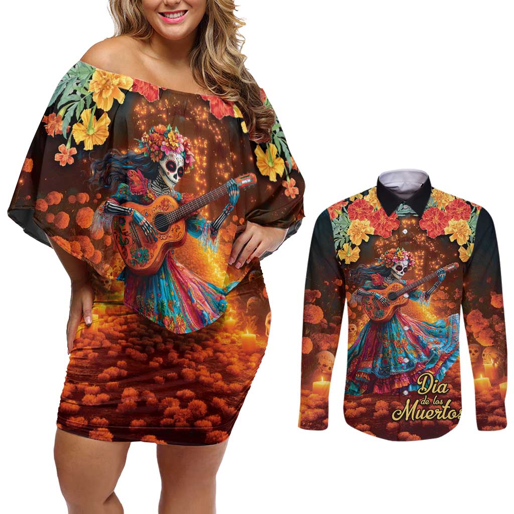 Mexican La Catrina Skeletons Dancing Couples Matching Off Shoulder Short Dress and Long Sleeve Button Shirt Dia de Los Muertos Verion 2 LT9 - Wonder Print Shop